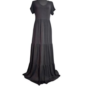 Three Bird Nest Black Minimal Boho Coastal Beach Tiered Maxi Dress Sz S